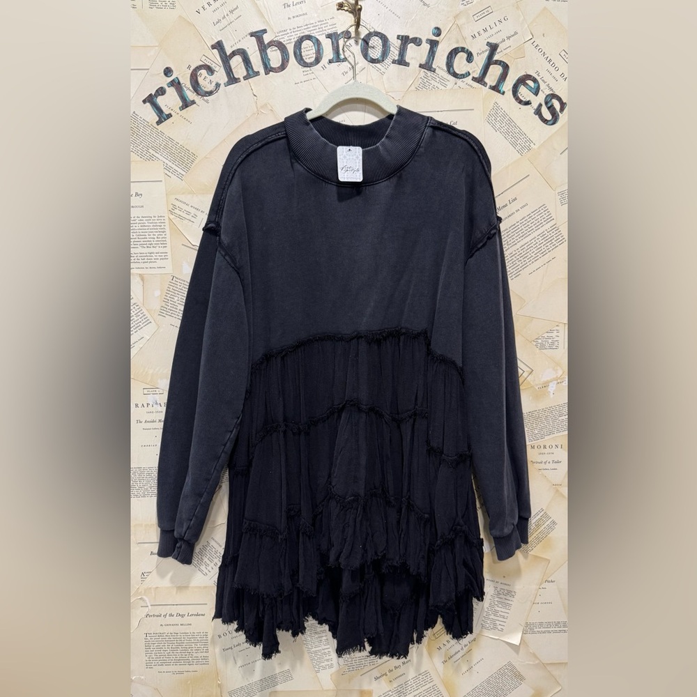 Free People Pixie Sweatshirt Tunic Dress Tiered Ruffled Oversized Wash black - Picture 8 of 9